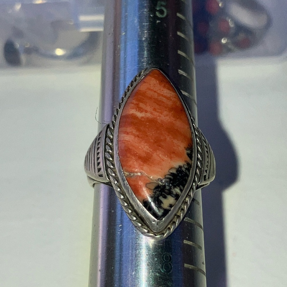 Sterling Silver and Orange Dendritic Jasper Marquise Ring